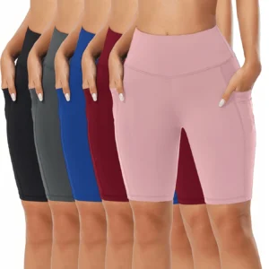 5Pcs/Set Women High Waist Yoga Shorts With Pockets, Tummy Control Compression Bike Shorts, Lightweight Comfortable Shorts For Summer Fitness